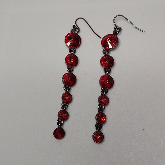 Long Red Glass And Dark Silver Tone Metal Dangle Earrings - Picture 1 of 12